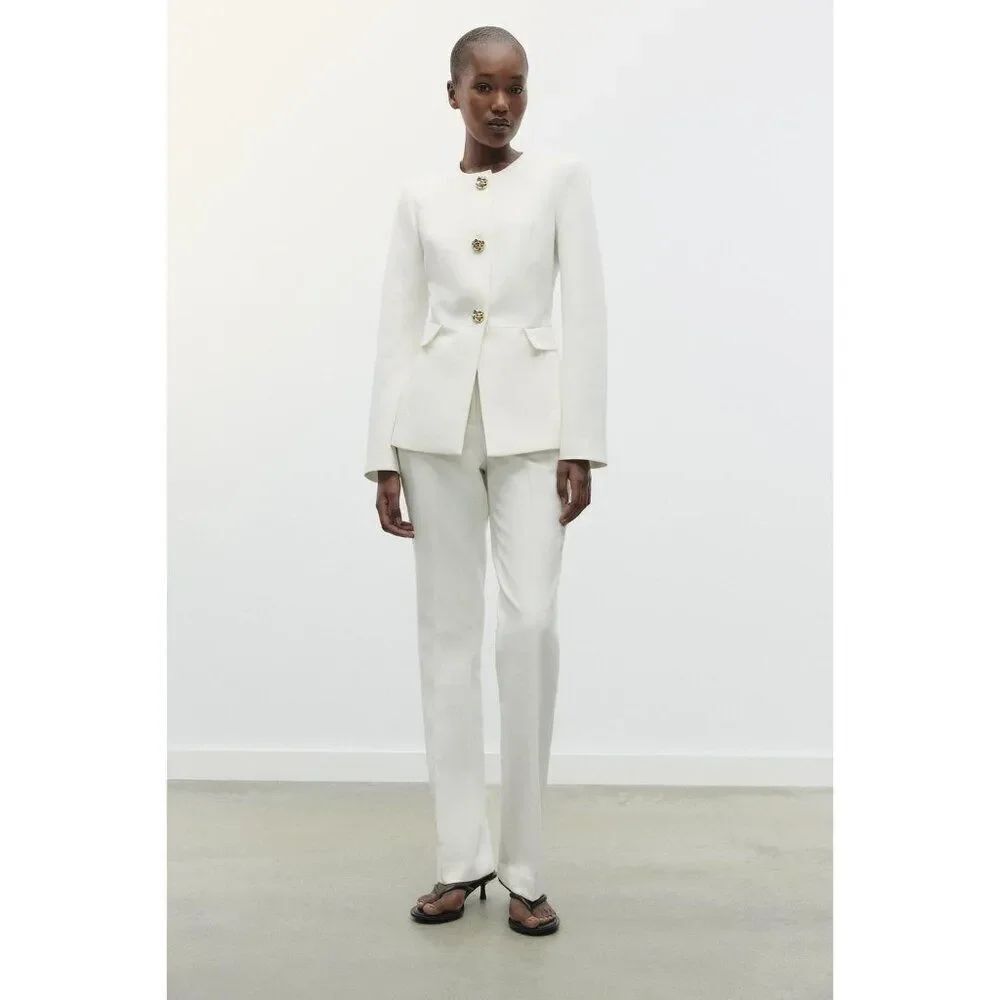 Zara Womens Blazer Jacket Small S White Gold Button Single Breasted 2399/593 NWT